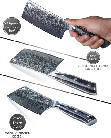 Ніж кухарський SANMUZUO Hackmesser 17 см, професійний, Дамаск, серія Xuan, VG10 сталь, ручка з епоксидної смоли (сапфірово-синій)