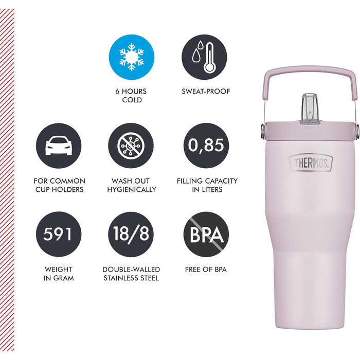 Термос REFRESHING SERIES з подвійними стінками, 850 мл, з трубочкою та ручкою (Лаванда Матова)