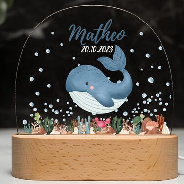 Night light for children with desired name, personalized night lamp dimmable - With a cute animal motif as personalized gifts for children for baptism, birth, Easter & baby gifts (Whale)