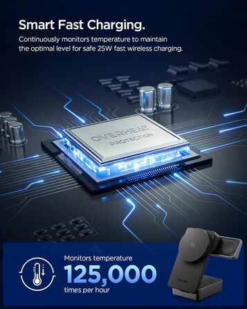 Зарядна станція Spigen Essential Qi2.2 25W 3-в-1 MagSafe для iPhone 17/16 Pro Max, Pixel 10 Pro, AirPods, Samsung Galaxy S26 Ultra - Чорна + USB-C кабель 2м