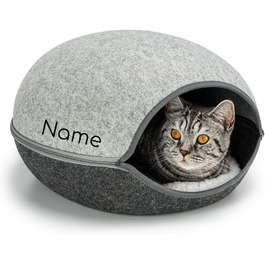 Lionto Cat Cave made of robust felt, cozy cuddle cave with zipper, 46x38x24 cm, comfortable and modern cat bed with soft and washable cushion, grey (with name tag)