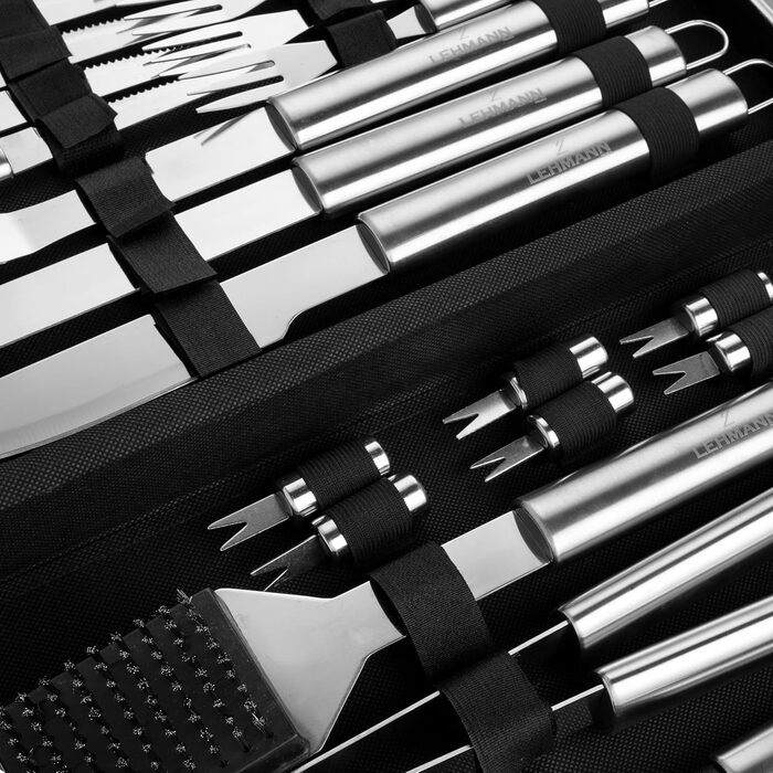 Набір гриль-посуду Lehmann LGAGA-YAN006 у металевому кейсі, 26 предметів, нержавіюча сталь, аксесуари для барбекю, преміум-якість, подарунок для чоловіків