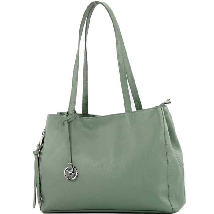Сумка жіноча шкіряна Modamoda T205 сіро-зелена, шопер ручної роботи з Італії