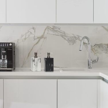 Дозатор для мила Suanti, 425 мл, з помпою з нержавіючої сталі, наповнюваний, квадратний, декоративний, для мила для рук, миття посуду та лосьйону, стиль мармур (білий та білий)