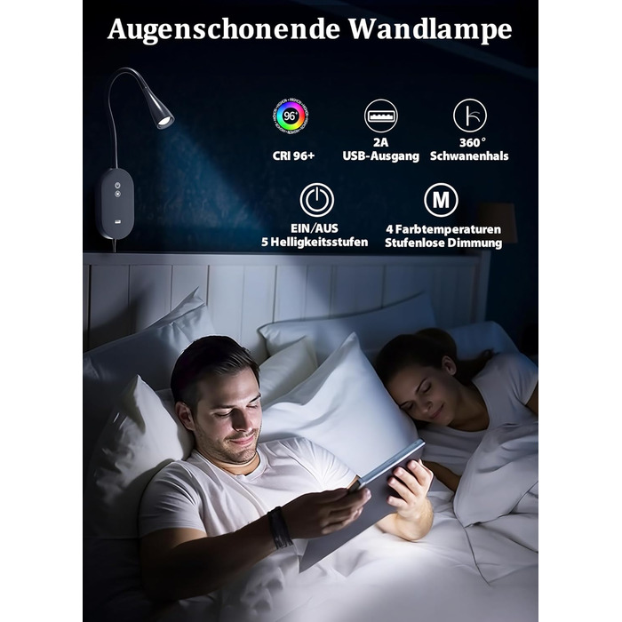 Нічна LED лампа для читання Wandleuchte з USB, 5 рівнів яскравості, сенсорне управління, гнучкий кронштейн, автовимкнення (Чорна)