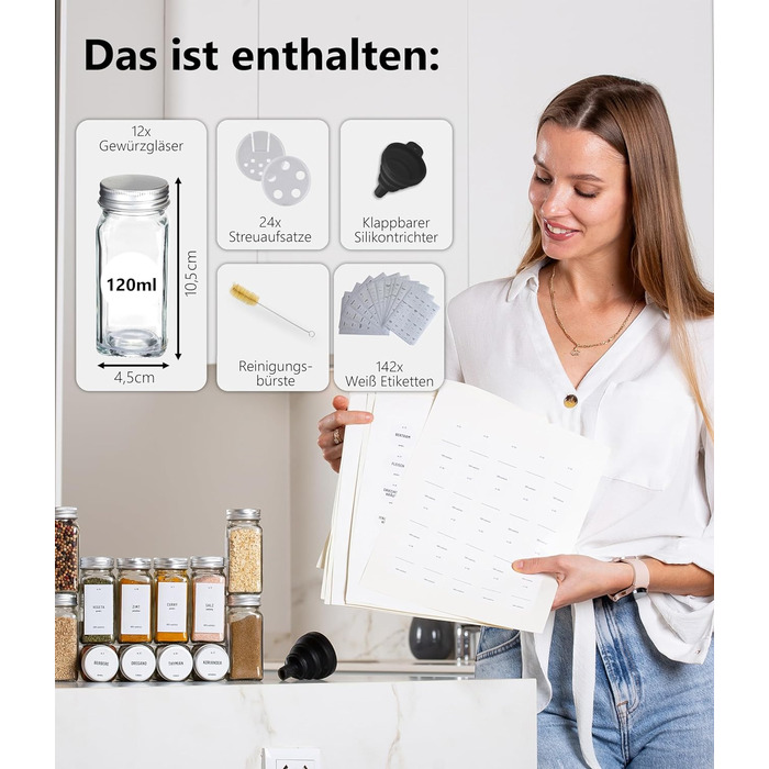 Скляні банки для спецій Deco haus® з кришкою та ситом [+Етикетки та сито] - Набір банок для спецій - Контейнери для спецій - Зберігання спецій - Організатор спецій (12 шт. - Білий)