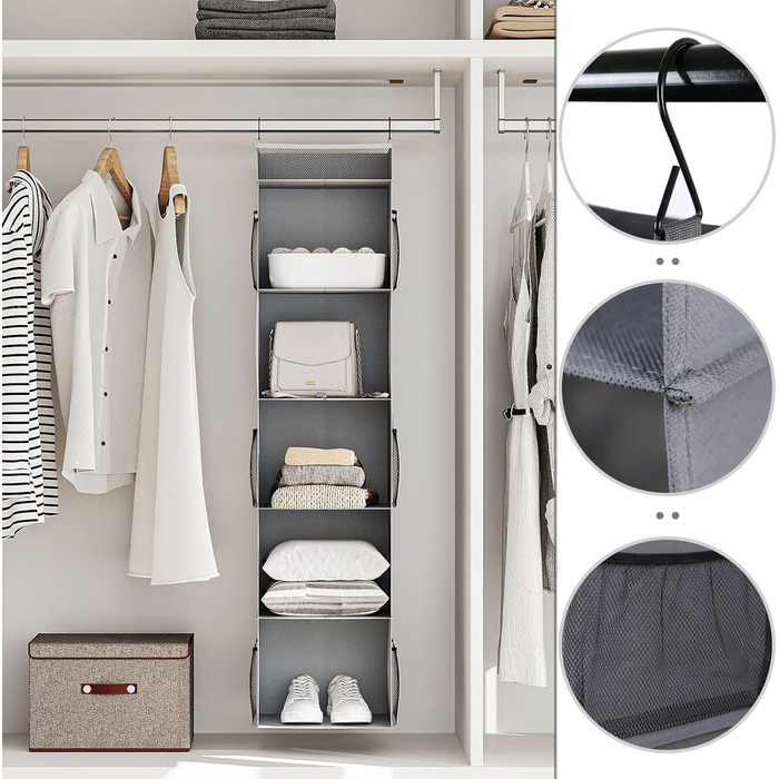 Організатор для шафи з сітчастими кишенями, 6 відділень, сірий, 30 x 30 x 130 см