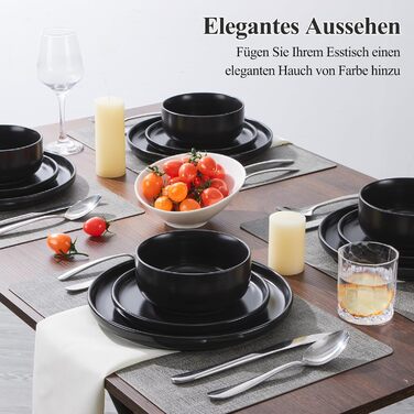 Набір посуду Joyfair на 6 осіб, 18 предметів: тарілки, миски, десертні тарілки, чорний колір, кераміка, для посудомийної машини та мікрохвильової печі