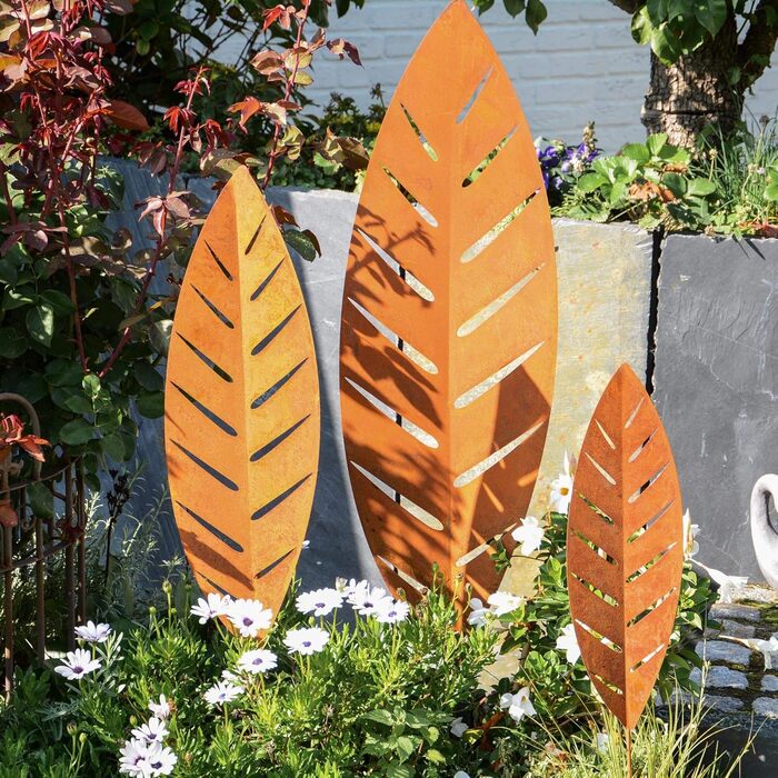 UNUS Garden Stakes Palm Leaf, Set of 3, Garden Decoration with Rust-Look, Decoration Leaf made of Weatherproof Stainless Steel for Garden, Balcony, Terrace or Flower Pot
