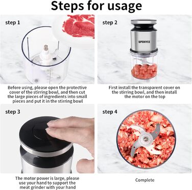 Електричний подрібнювач 600W з чашею з нержавіючої сталі, 2L, 2 швидкості, 4 леза для овочів та часнику