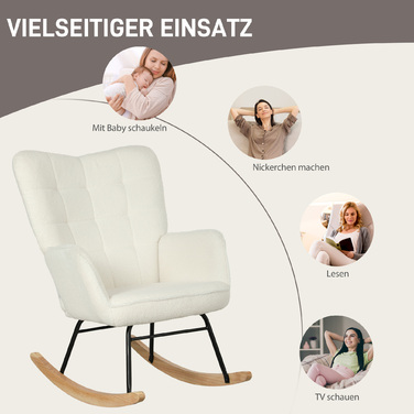 HOMCOM Rocking Chair, Rocking Armchair with Berber Fleece Look, Armrests, Padded Armchair with Wooden Runners, Reclining Chair for Living Room, Bedroom, Holds up to 120kg, White | Aosom
