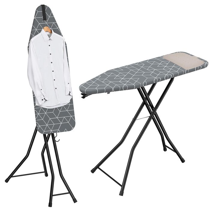 Прасувальна дошка LyriFine 2-в-1 для прасування з парою та звичайного прасування, з термостійким покриттям, складана з гачком, сталевий каркас, сірого кольору з підставкою для праски