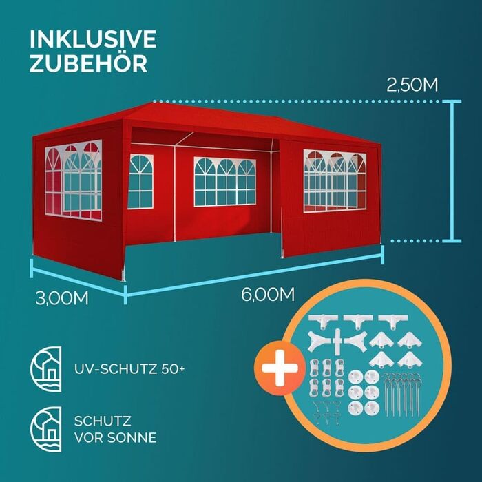 Павільйон Casaria® 3x6м з UV-захистом, водонепроникний, 18 м², 6 бічних частин, для фестивалів, вечірок, саду, зелений (червоний)