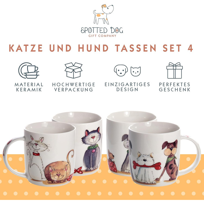 SPOTTED DOG GIFT COMPANY - Coffee mugs with dog and cat motifs - Gift for dog and cat lovers - Set of 4