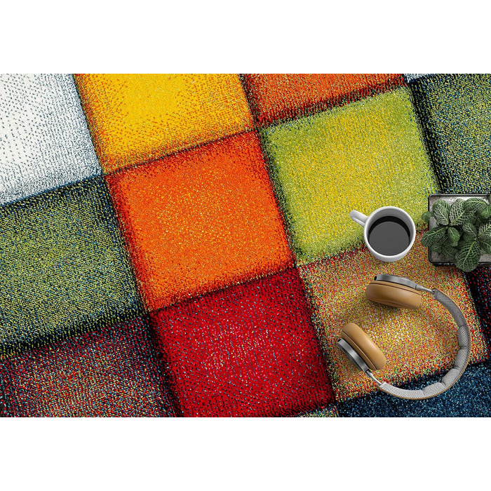 Monde Deluxe Living Room Carpet, Hand Carved, Short Pile, Colorful, Multicolored, Blue, Red, Brown, Green, Grey, Checkered, 80 x 150 cm, Multicolored