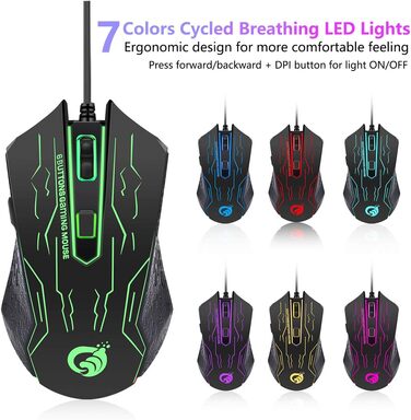 BAKTH Комплект клавіатури та миші для геймінгу, LED підсвічування, QWERTZ, USB, водостійкий, 3600 DPI, для PC геймерів (US Layout)