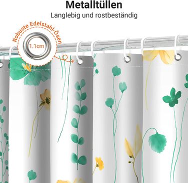 Штора для ванної кімнати 240x200 см, квіти, антигрибкова, водовідштовхувальна, поліестер, з кільцями для душу (М'ятний)