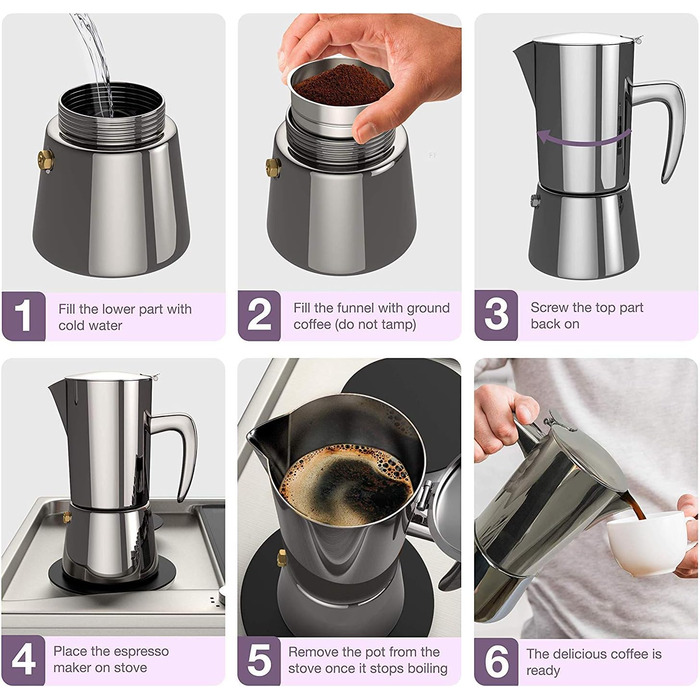 bonVIVO Induction Espresso Maker - Stainless Steel Coffee Maker with -Finish, Water Kettle & Filter - Moka Pot - Christmas Gifts for the Household (Chrome, 6 Cups - 300 ml)