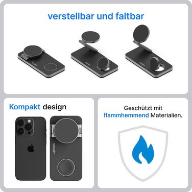 База для бездротової зарядки Voomy 3-в-1 з підтримкою MagSafe, для iPhone, AirPods та Apple Watch, 15W, складана, швидка зарядка, з USB-C кабелем та адаптером (Чорний)