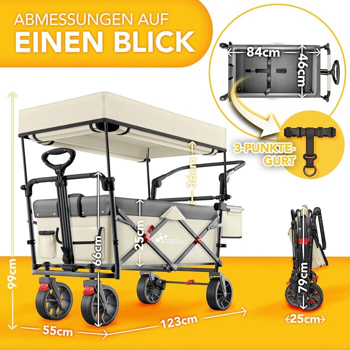 TRESKO® Розкладний вагончик з дахом, кишеньою-холодильником та бічними ролетами | Вагончик для перевезення вантажів до 150 кг | З повного гумового покриття коліс та гальмами (передні та задні) та 3-точковим ременем безпеки (Зелений) (Бежевий)