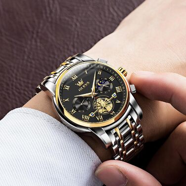 Годинник чоловічий OLEVS з металевим ремінцем, кварцовий, з місячною фазою, хронограф, водонепроникний (2859 Чорний / Двоколірний)