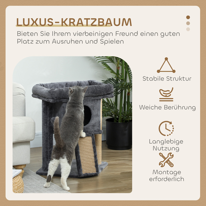 PawHut Cat Tree with Jute Scratching Mat, Lounging Platform, Play Ball, Cat House, Beige, 40 x 40 x 57 cm