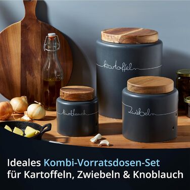 Набір контейнерів для зберігання KHG для кухні антрацитово-сірого кольору з дерев'яною кришкою, контейнери для продуктів з кераміки, стеінгуту, поліровані, з маркуванням, набір органайзерів для кухні, без пластику та світлонепроникні (набір для картоплі, 