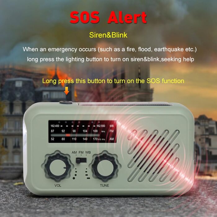 Радіо на сонячній батареї з ручним заводом та акумулятором 2000mAh, AM/FM, SOS-сигнал, ліхтарик, Power Bank, USB, для надзвичайних ситуацій