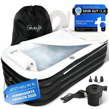 Надувна ванна TIMELAX® XL з ергономічною спинкою | 0,5 мм PVC, без BPA | Мовна, розкладна, для дорослих, чорна