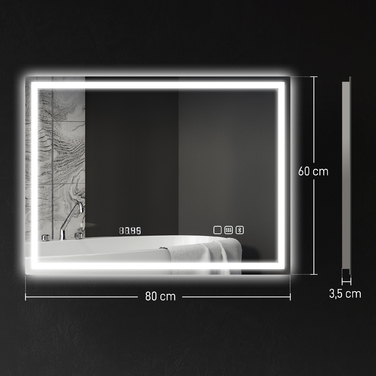 Дзеркало для ванної кімнати HOMCOM з підсвіткою 80x60 см, LED, з Bluetooth, функцією пам'яті, годинником, 3 кольорами світла, запобігає запотіванню, сенсорне управління, сріблястий | Aosom