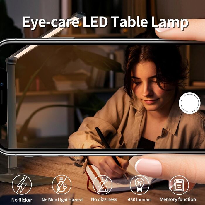 LED лампа настільна LQWELL® з регулюванням яскравості, металева, 5 кольорів, 10 рівнів яскравості, USB-зарядка, сенсорне управління, пам'ять, для дітей, чорна, QM019