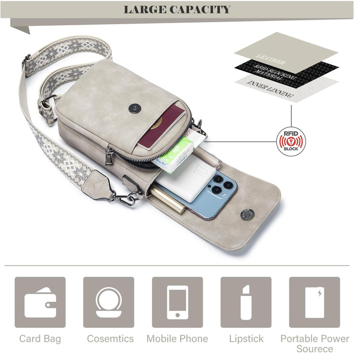 Сумка-органайзер на шию MUIIKOLA з RFID-захистом для смартфонів, веганська шкіра, сіро-бежевий колір