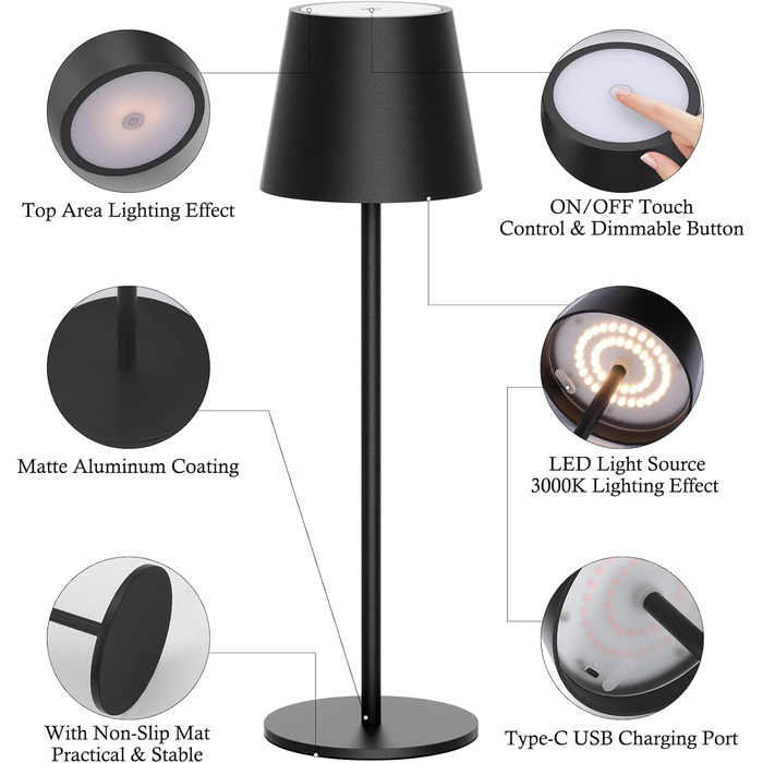 Klighten 2 шт. LED акумуляторні диммерні настільні лампи бездротові, перезаряджаються, тепле світло 3000K, для внутрішнього та зовнішнього використання, з USB-C, алюміній, водонепроникні IP54, чорні (2 шт.)