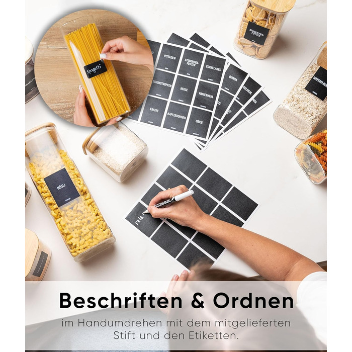 Набір скляних контейнерів для зберігання Deco haus® (6 шт.) з кришкою, етикетками - герметичні банки для круп, макаронів, спецій