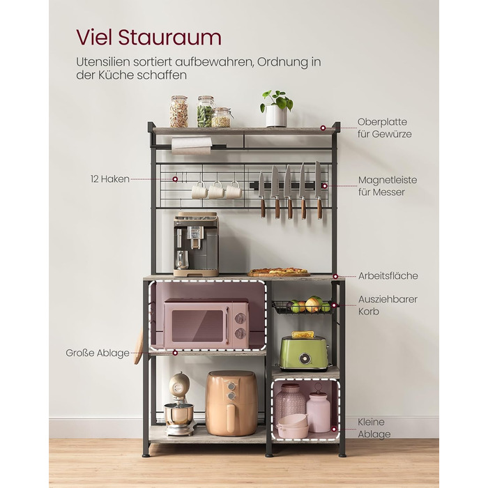 Стелаж кухонний VASAGLE, підлоговий, з магнітною смугою для ножів, кошиком, тримачем для рушників, 12 гачків, вінтажний, коричнево-чорний KKS026B01 (Грейж + Чорний)