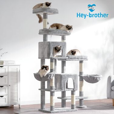 Котячий будиночок Hey-brother XXL для великих котів, 180 см, стабільний, з 3 платформами, 3 гамаками та 2 котячими будиночками (світло-сірий)