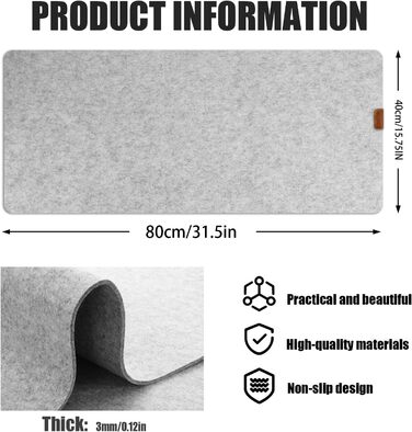 Підкладка на стіл з фетру 80x40 см сірого кольору - антиковзаюча, для офісу та дому