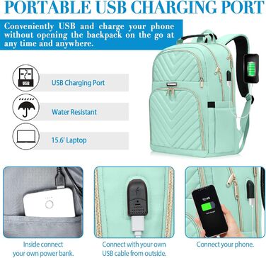 Жіночий рюкзак для школи, університету, подорожей: стильний, водонепроникний, з USB-портом, 15.6 дюймів, світло-зелений