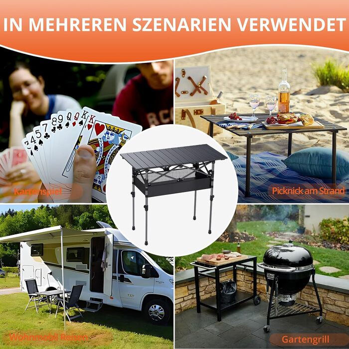 Складаний туристичний стіл FUNYKICH 82x40 см з регулюванням висоти (44/70 см), з сітчастою кишенею, для пікніка, кемпінгу, BBQ, саду