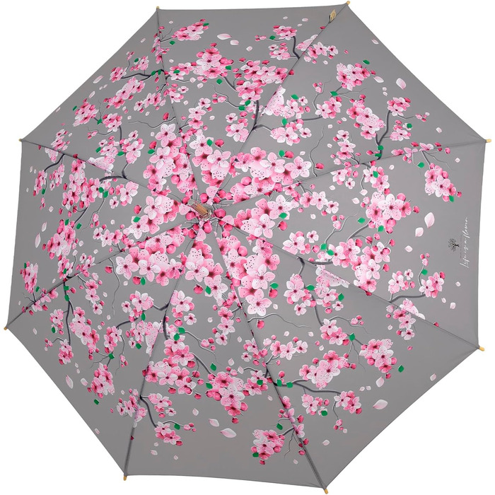 PERLETTI Green Eco Women's Umbrella - Large Automatic Rain Umbrella with Recycled Materials & Cherry Blossom Design