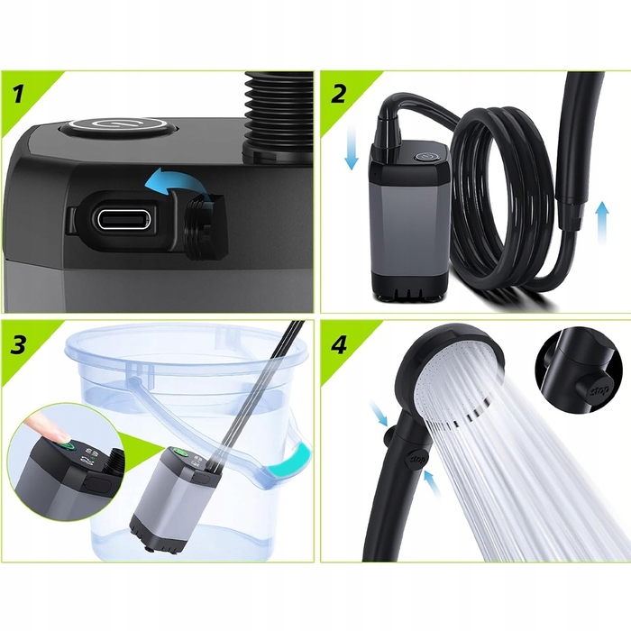 Водонепроникний туристичний душ IPX7 з акумулятором, LED-екраном та шлангом 2м