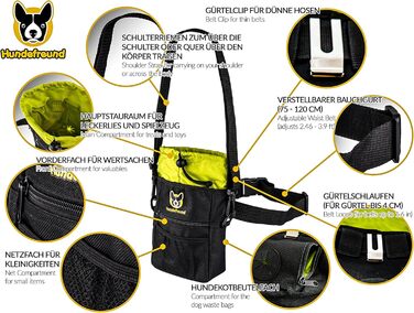 Сумка для корму для собак великих порід, 4 в 1 | Для тренувань, з бананкою, кліпсою, лямками | 4 відділення для ласощів (19x14x7 см)
