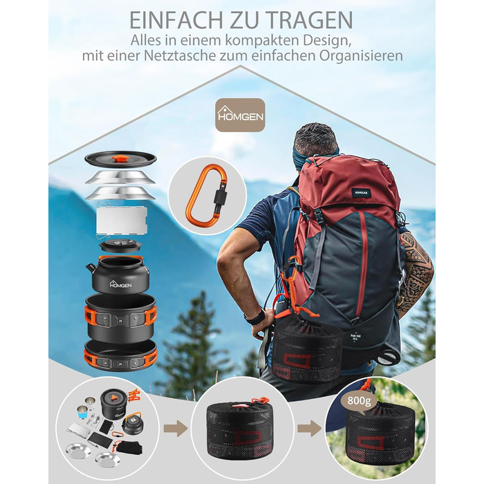 Набір кухонного посуду для кемпінгу HOMGEN: каструлі та сковорідки з алюмінію, легкий, для 2-3 осіб, з сумкою, для кемпінгу, пікніків, походів