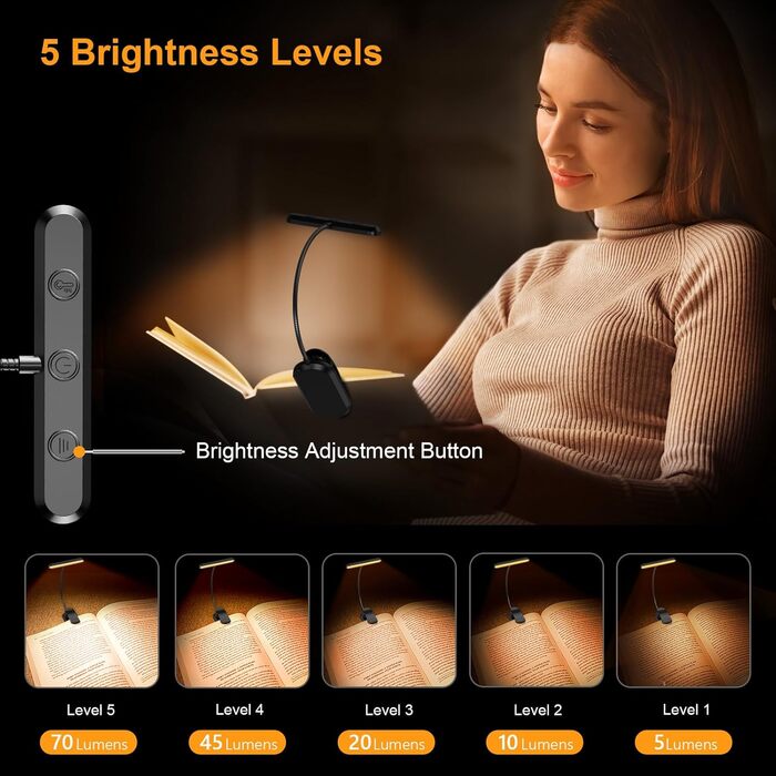 LED-лампа для читання Gritin з кріпленням на книгу, 19 світлодіодів, 3 режими температури кольору, 5 рівнів регулювання яскравості, USB-зарядка, гнучкий поворот на 360°, чорний