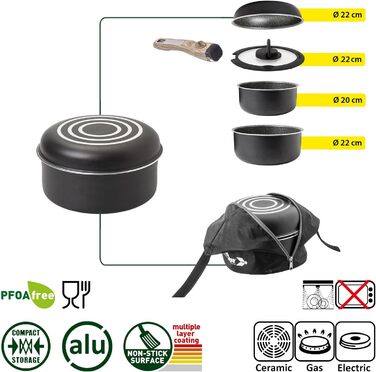 Набір кухонного посуду для кемпінгу BRUNNER (алюміній) - 4 особи, з антипригарним покриттям, легкий, високоякісний, компактний, 5+1 предметів