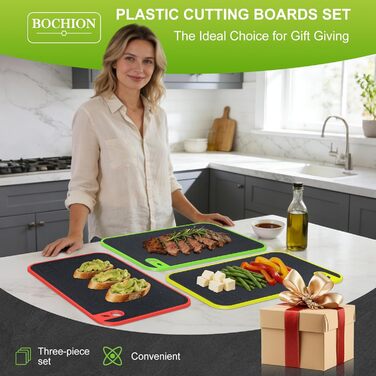 Набір з 3 дощок для нарізання з пластику, кухонні дошки з антибактеріальним покриттям, неслизькі з жолобом для соку та пресом для часнику (червоний, жовтий, зелений)