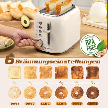 Тостер Aigostar 2-х секційний, Ретро, Кремовий, 800W, 6 рівнів підсмажування, Функції: Bagel, розморожування, підігрів, відміна