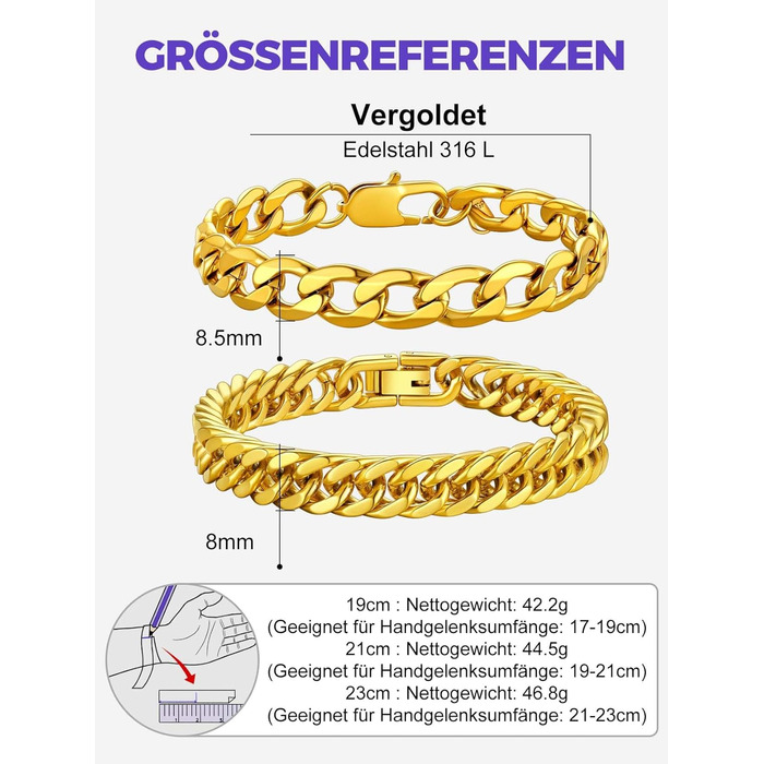 Набір браслетів для чоловіків Richsteel з нержавіючої сталі, 3 шт. (Чорний/Сталь/Золото), 9/8/4 мм, довжина 19/21/23 см, для подарунка