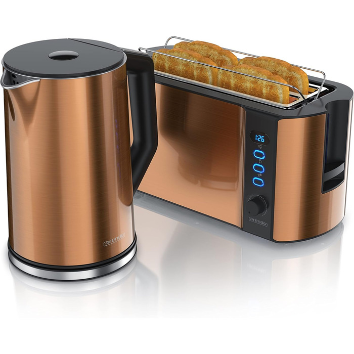 Набір чайник та тостер Arendo з нержавіючої сталі, колір мідний. Чайник: 1,5л, підтримка температури 40-100°C. Тостер: 4 тости, дисплей, 6 рівнів підсмажування, підставка для бургерів.