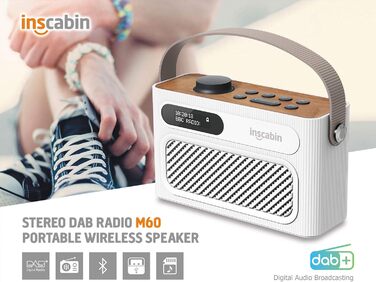 Inscabin M60: Портативне DAB/DAB+ FM-радіо з Bluetooth, стерео та подвійним будильником. Акумуляторний, стильний дизайн (білий)